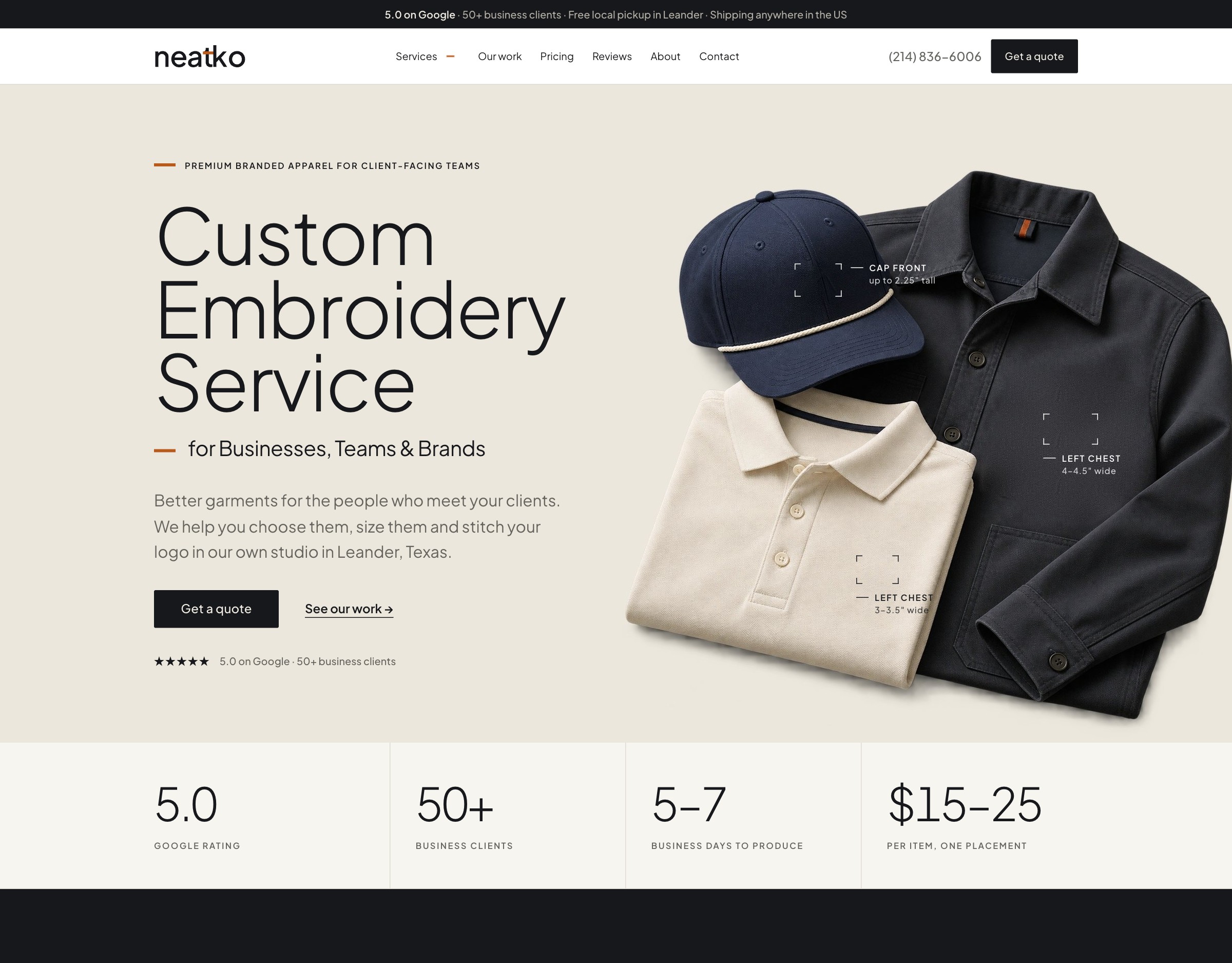 Neatko website on a desktop: the home screen, "Custom Embroidery Service for Businesses, Teams & Brands"