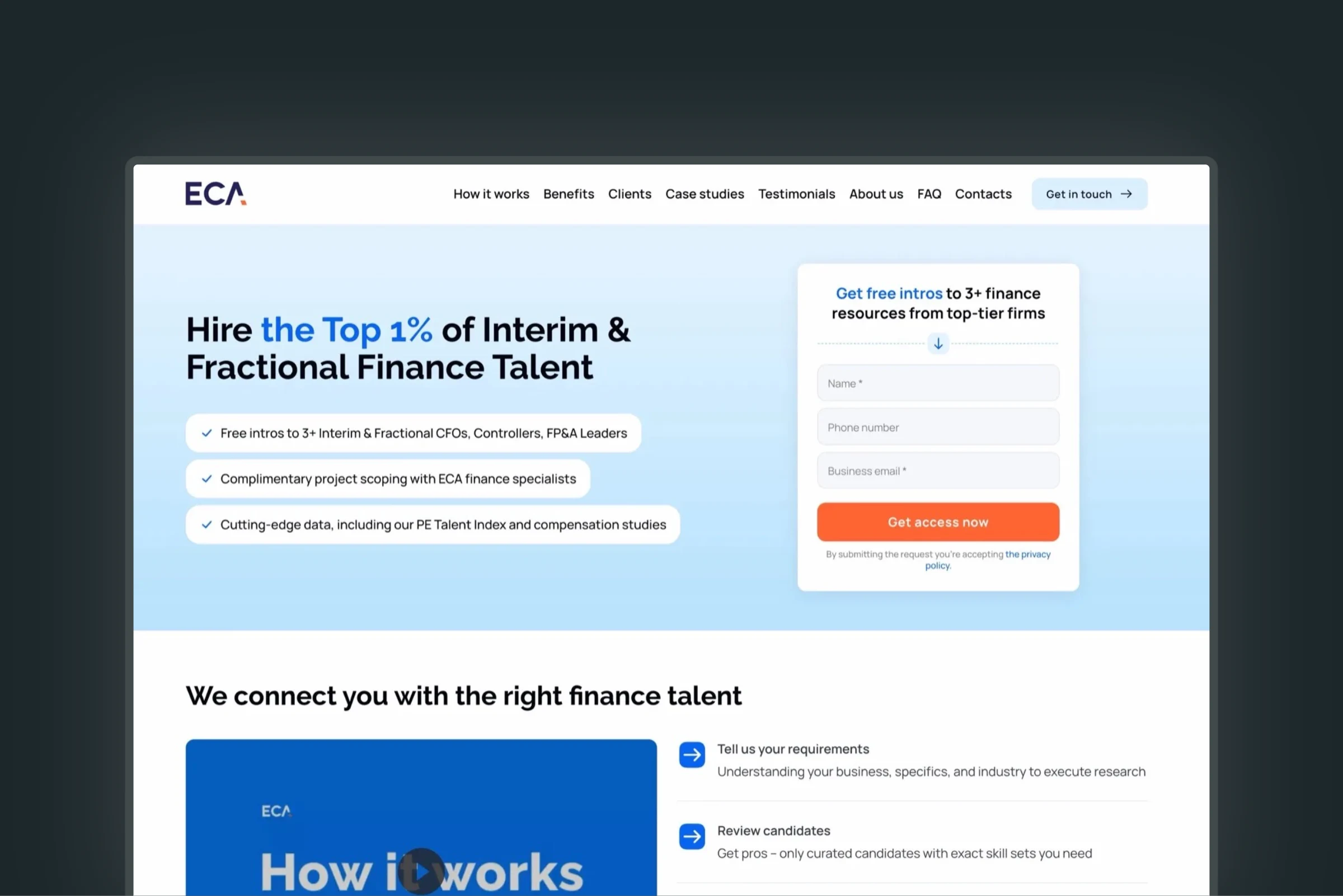 ECA Partners landing page for interim and fractional finance talent, desktop view