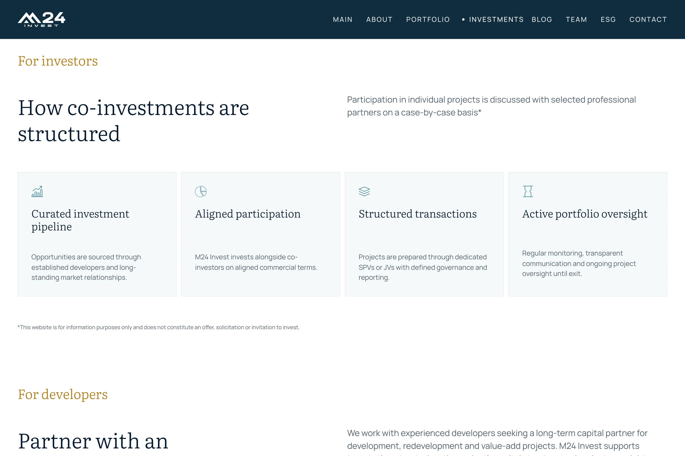 M24 Invest website: the path for investors, how co-investments are structured, from a curated pipeline to portfolio oversight