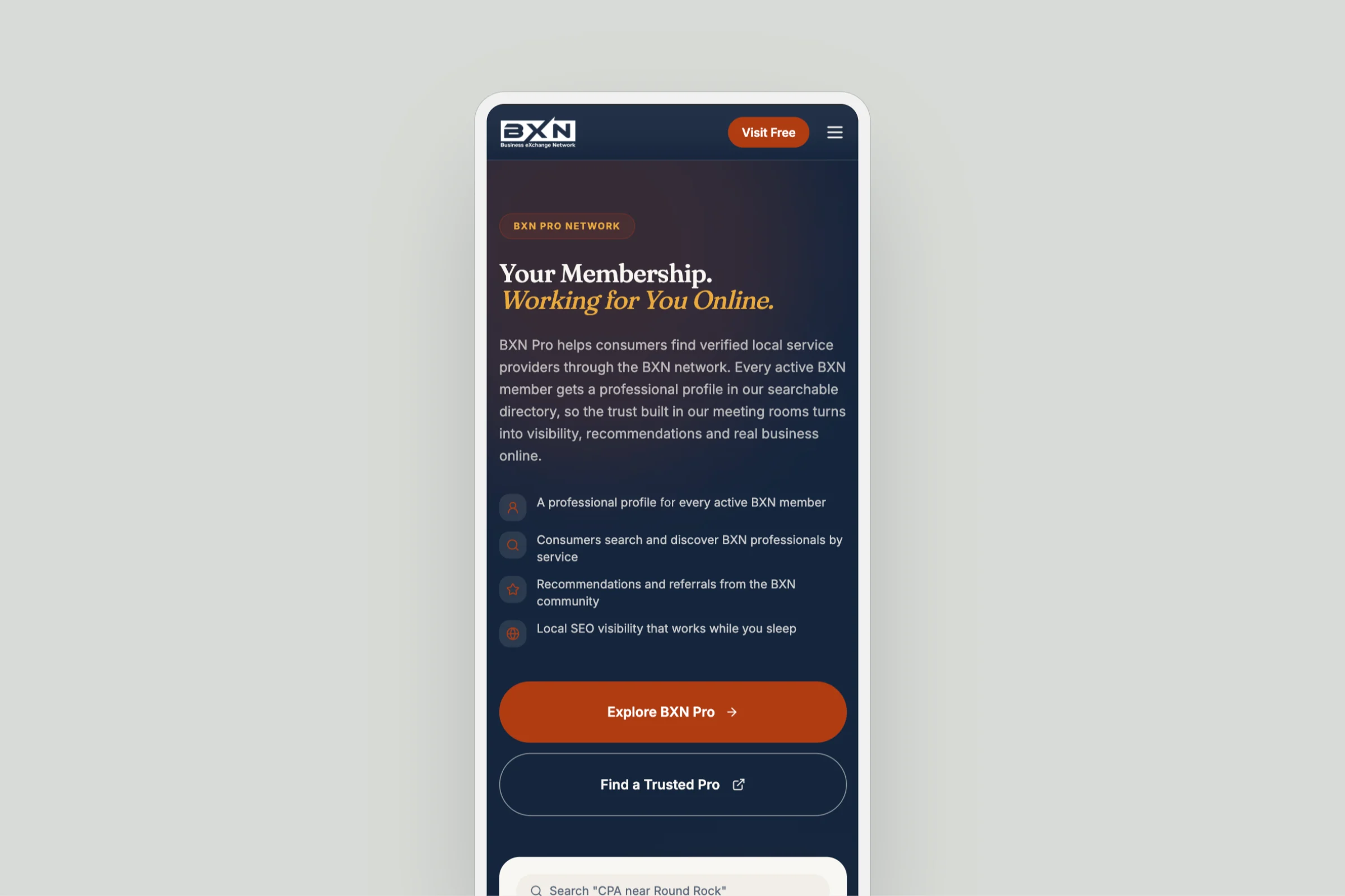 The BXN Pro section of bxnmembers.com on a phone