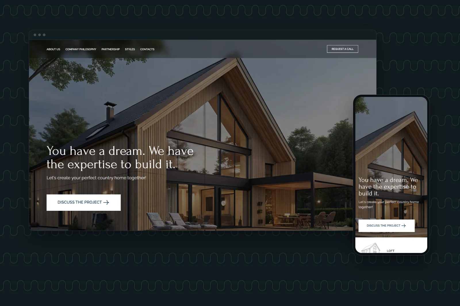 Razvitie home builder website: home page on desktop and phone