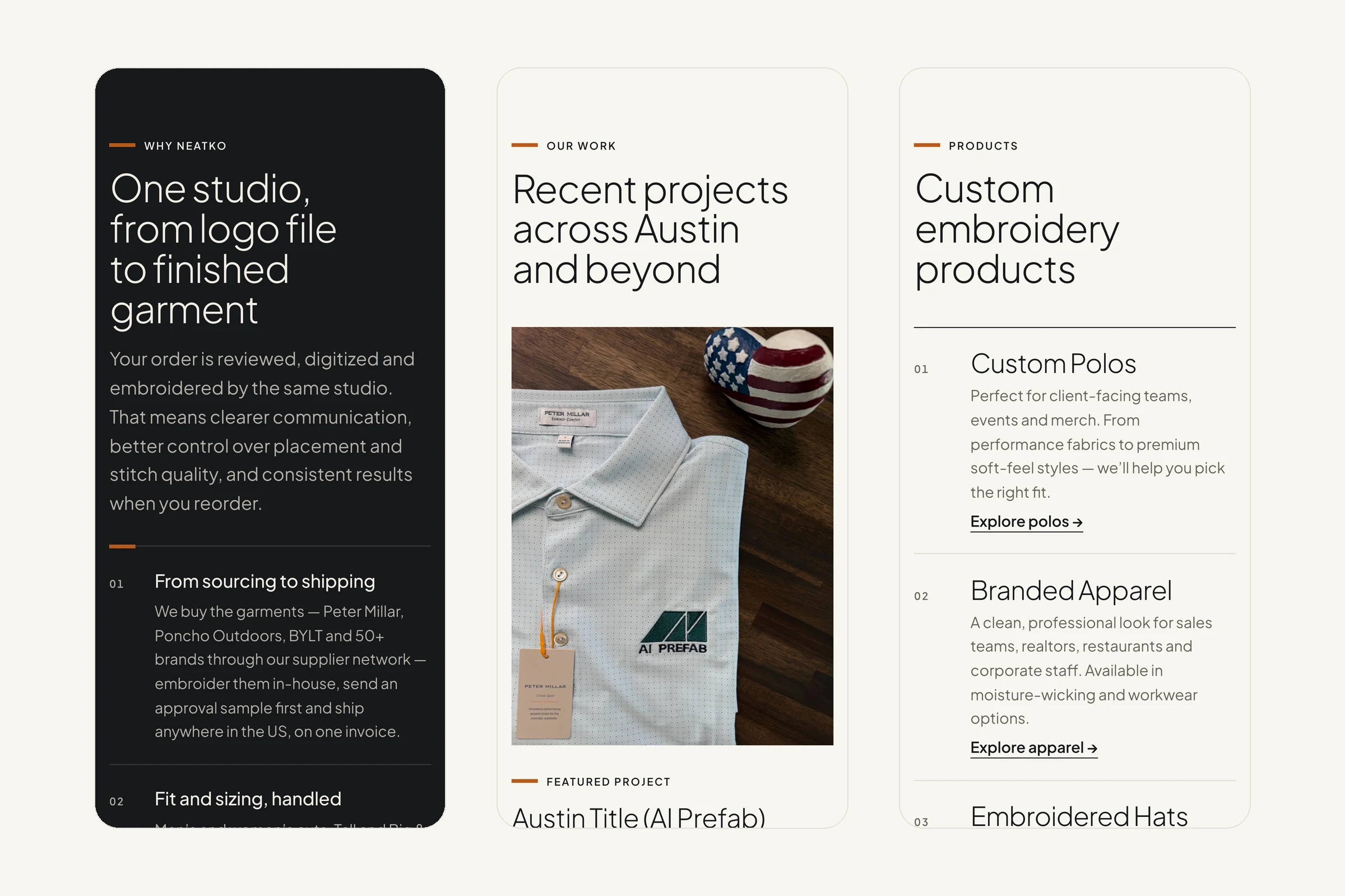 Neatko website on three phone screens: the studio, recent projects and the product list