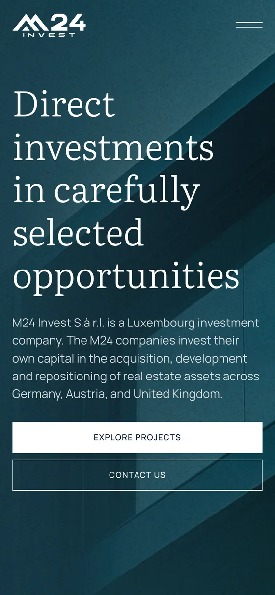 M24 Invest website on a phone: the home screen, "Direct investments in carefully selected opportunities"
