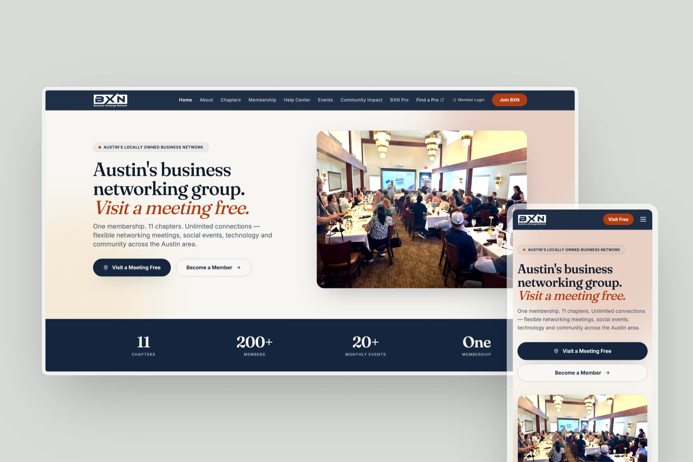 bxnmembers.com, built by BXN’s team: the homepage on a laptop and a phone