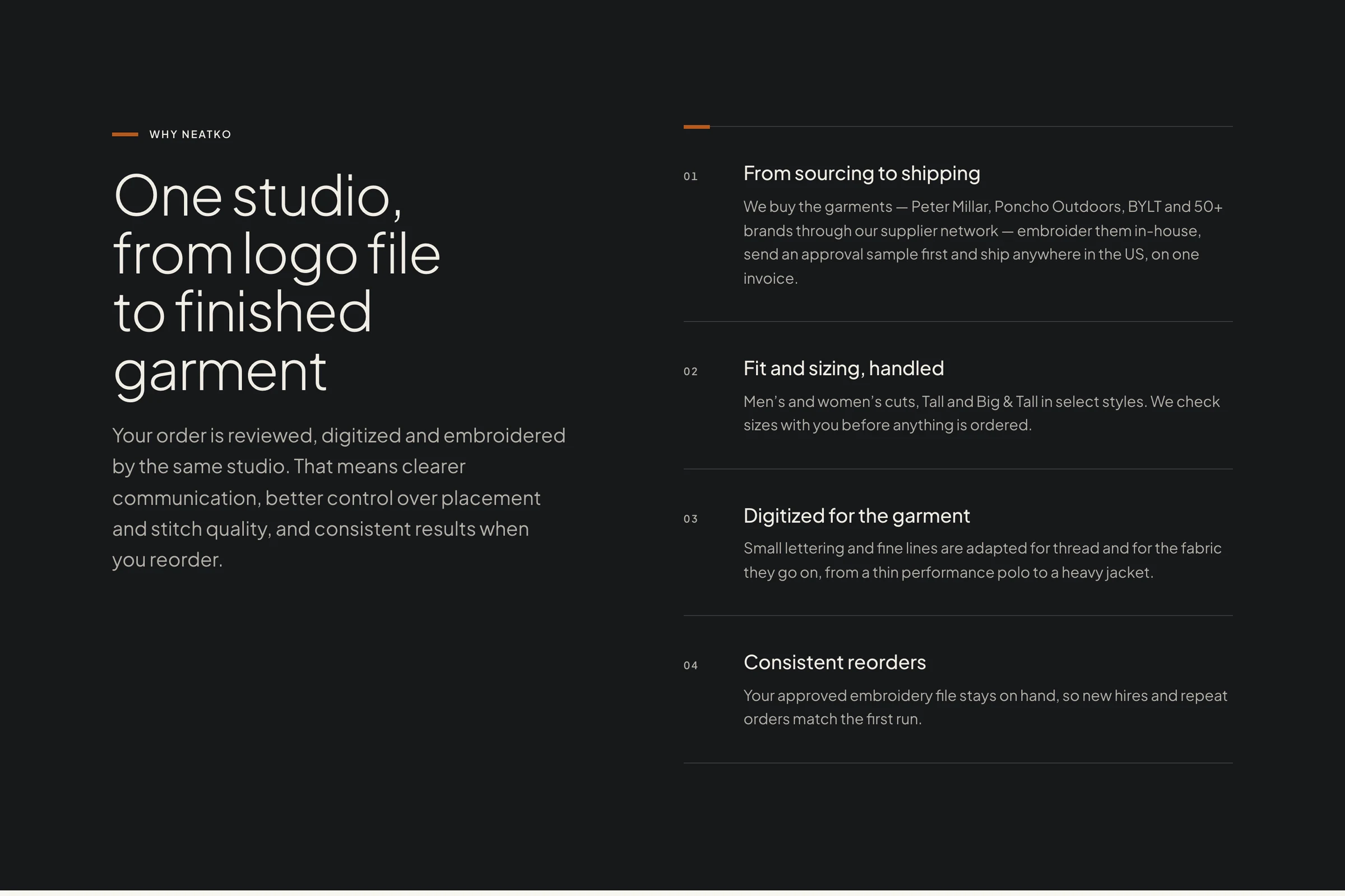 Neatko website: "One studio, from logo file to finished garment", the four steps from sourcing to reorders
