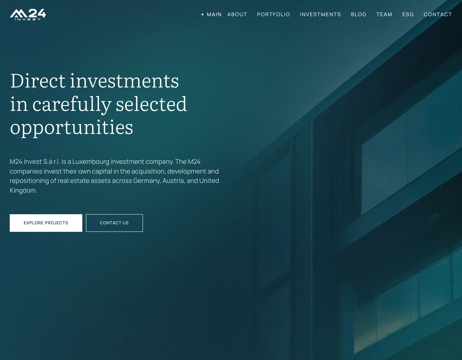 M24 Invest website on a desktop: the home screen, "Direct investments in carefully selected opportunities"