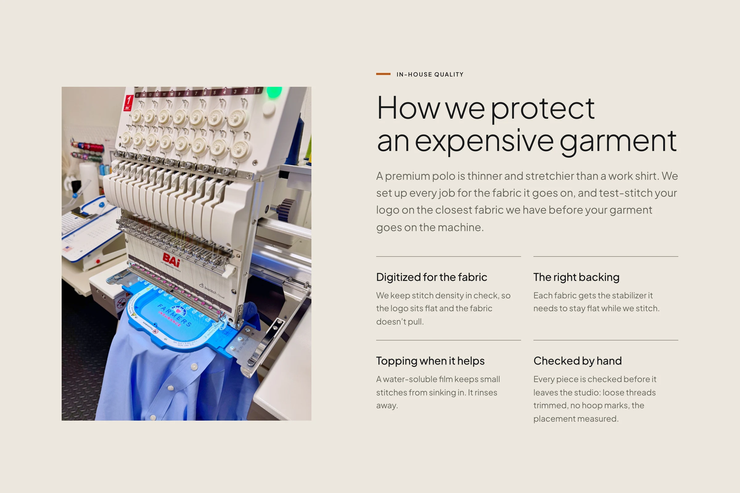 Neatko website: how the studio protects an expensive garment, next to its embroidery machine