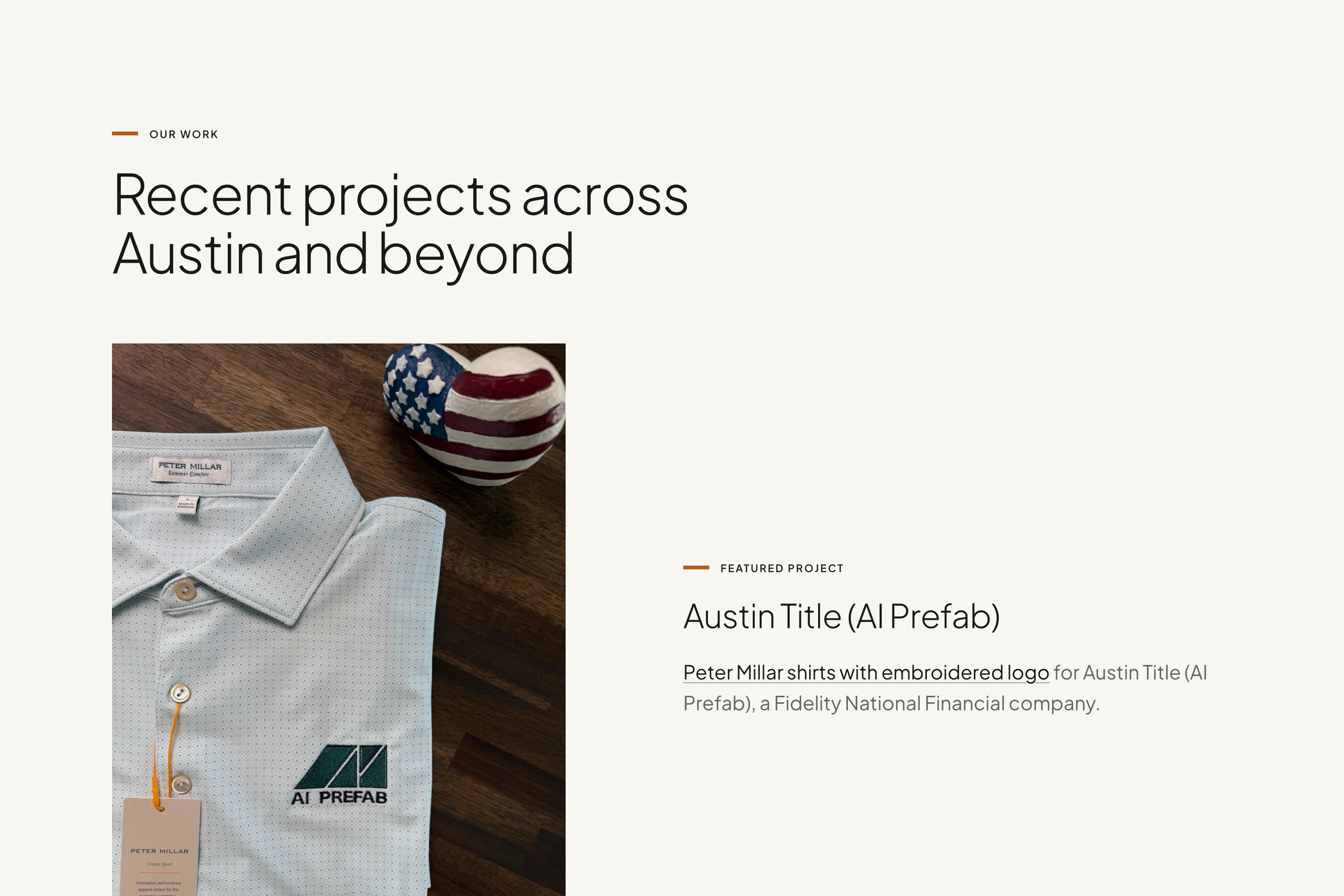 Neatko website: recent projects, a featured Peter Millar polo embroidered for Austin Title