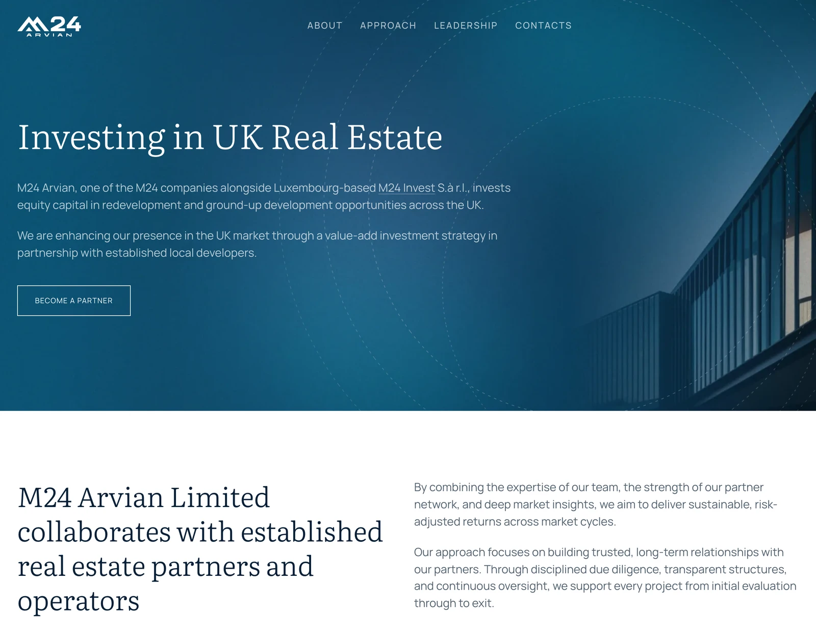 M24 Arvian website on a desktop: the home screen, "Investing in UK Real Estate"