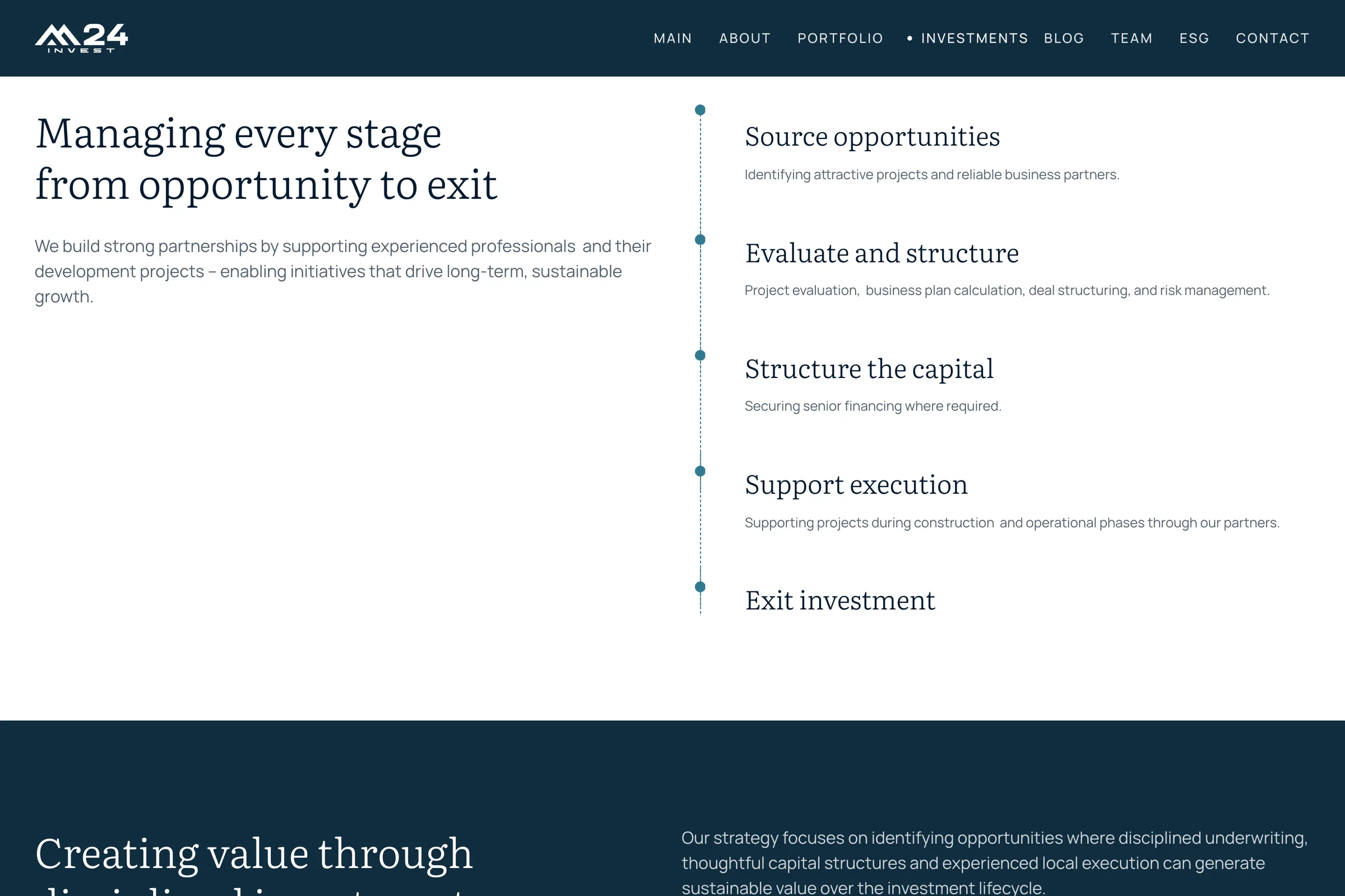 M24 Invest website: managing every stage of an investment, from sourcing opportunities to exit
