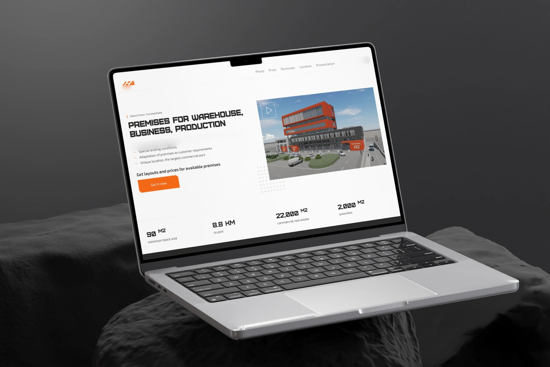 N-Port warehouse and production space website on a laptop