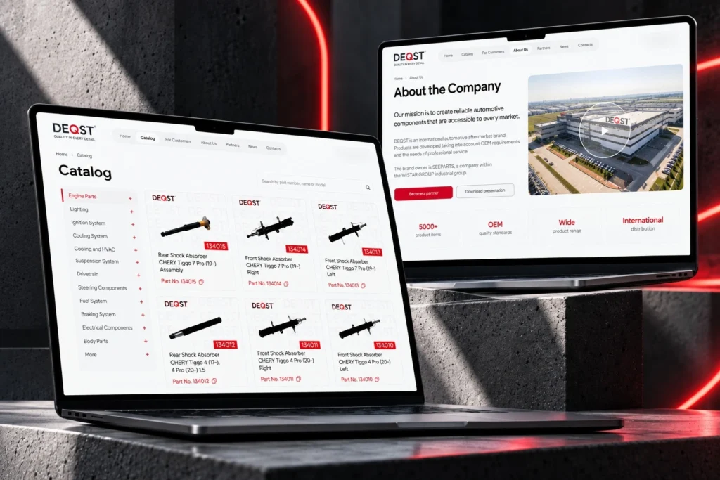 DEQST auto parts catalog and About page on two laptops