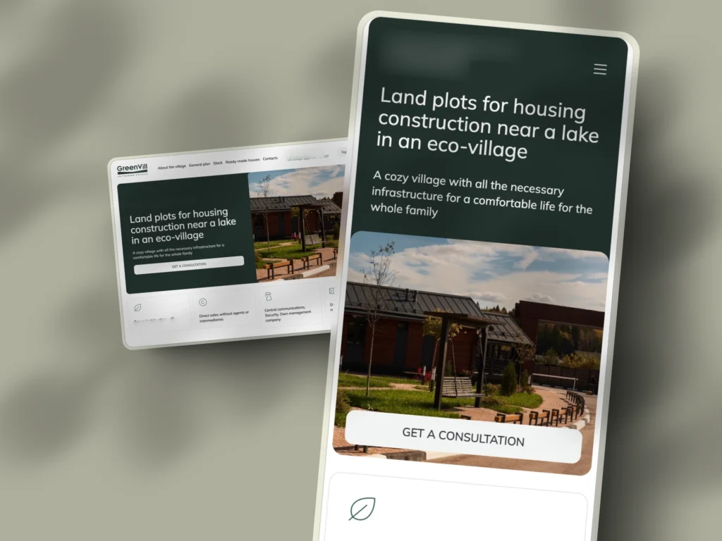 GreenVill eco-village website on a tablet and phone