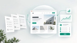 B2B website cost illustration: Basic, Business and Enterprise pricing tiers feeding into a company website with a cost summary and growth chart