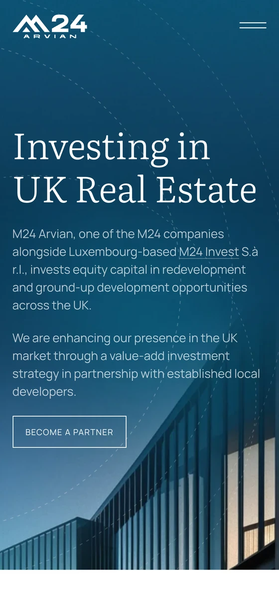 M24 Arvian website on a phone: the home screen, "Investing in UK Real Estate"