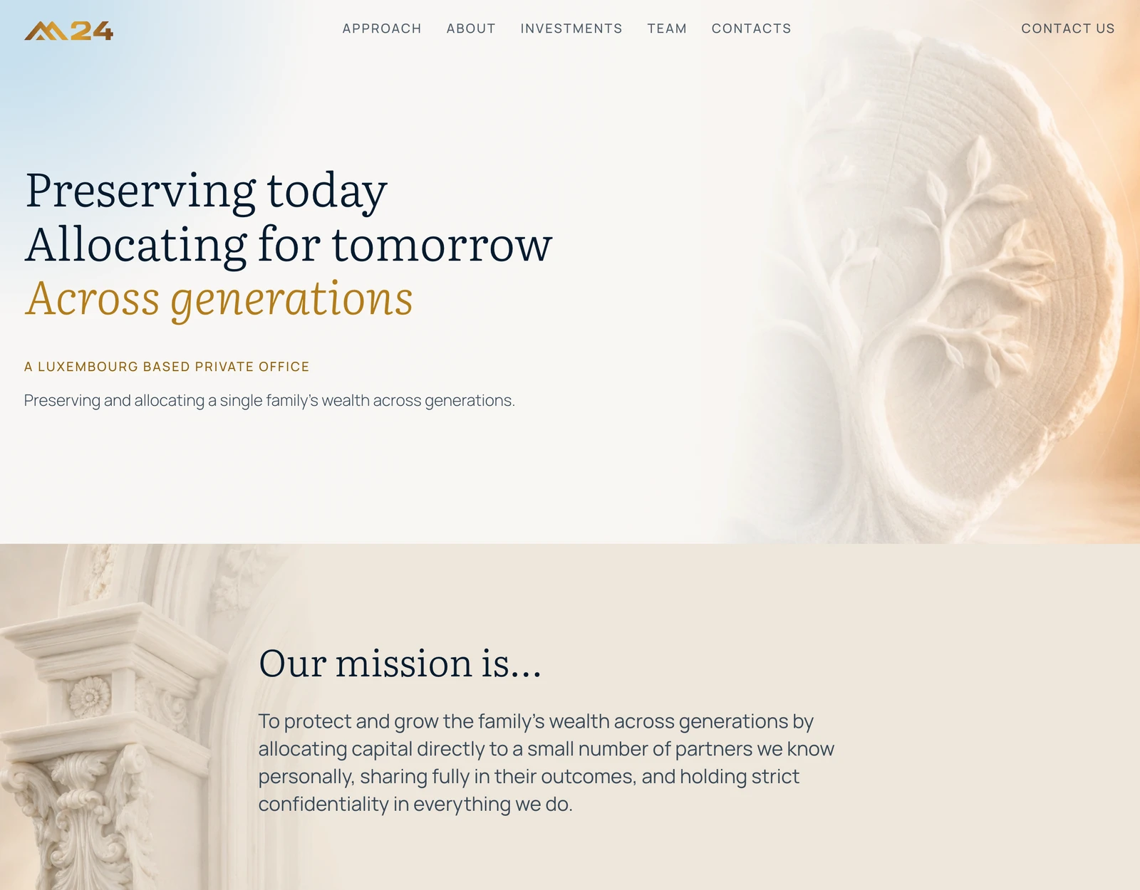 M24 Private Office website on a desktop: the home screen, "Preserving today, allocating for tomorrow, across generations"
