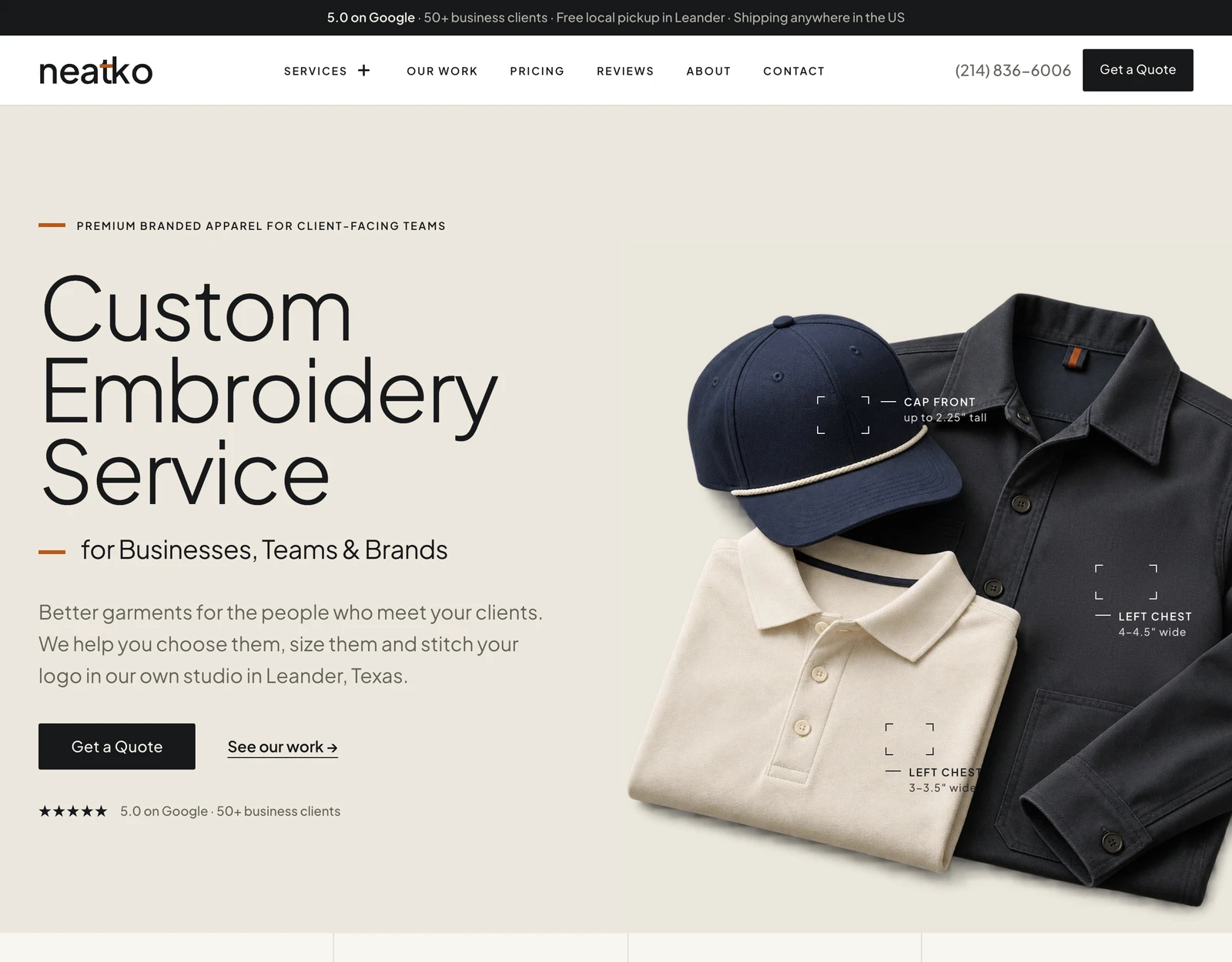 Neatko website on a desktop: the home screen, "Custom Embroidery Service for Businesses, Teams & Brands"